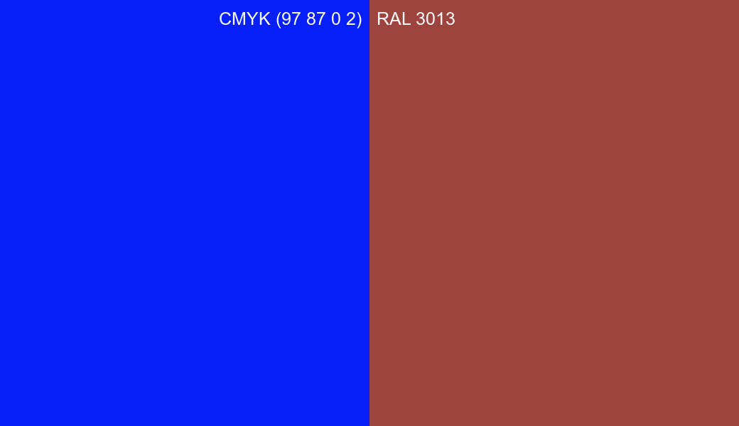 CMYK Color CMYK (97 87 0 2) vs RAL 3013 side by side comparison CMYK Color CMYK (97 87 0 2) vs RAL 3013 side by side comparison