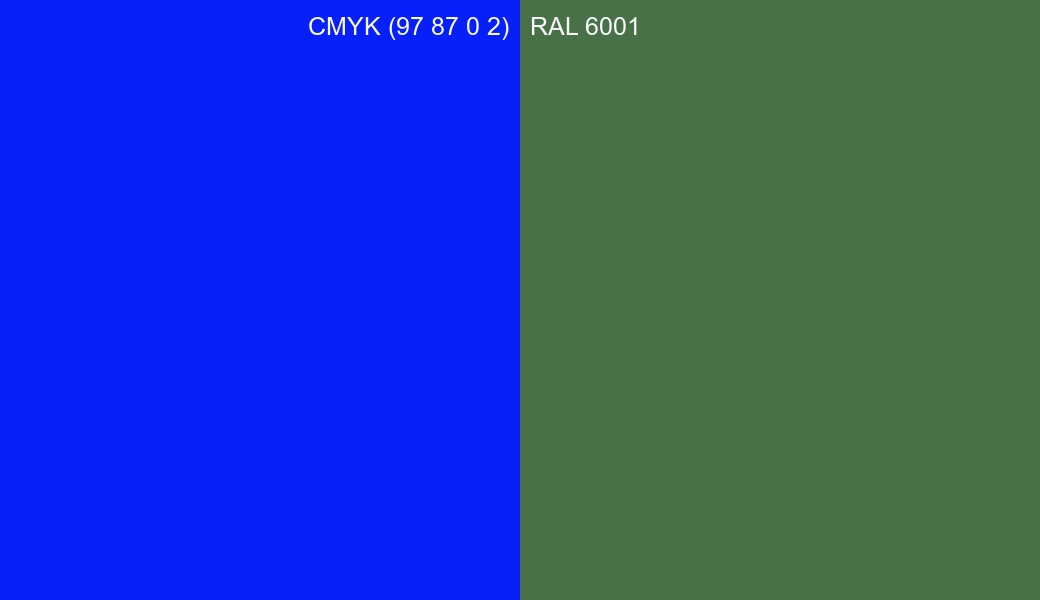 CMYK Color CMYK (97 87 0 2) vs RAL 6001 side by side comparison CMYK Color CMYK (97 87 0 2) vs RAL 6001 side by side comparison