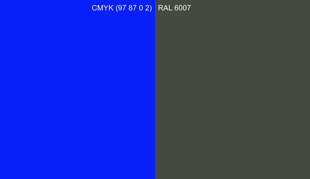 CMYK Color CMYK (97 87 0 2) vs RAL 6007 side by side comparison CMYK Color CMYK (97 87 0 2) vs RAL 6007 side by side comparison