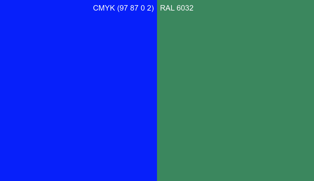 CMYK Color CMYK (97 87 0 2) vs RAL 6032 side by side comparison CMYK Color CMYK (97 87 0 2) vs RAL 6032 side by side comparison