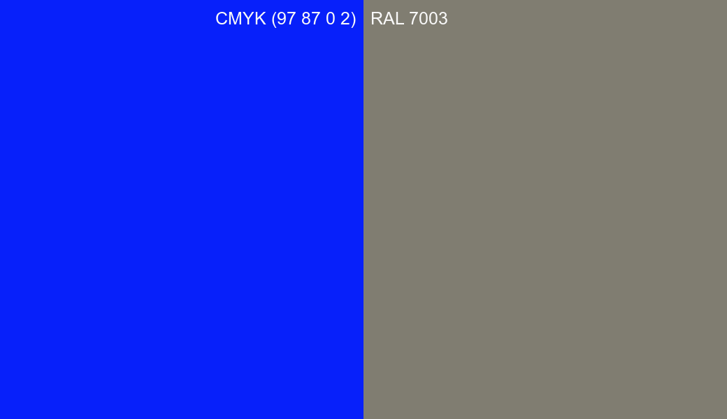 CMYK Color CMYK (97 87 0 2) vs RAL 7003 side by side comparison CMYK Color CMYK (97 87 0 2) vs RAL 7003 side by side comparison
