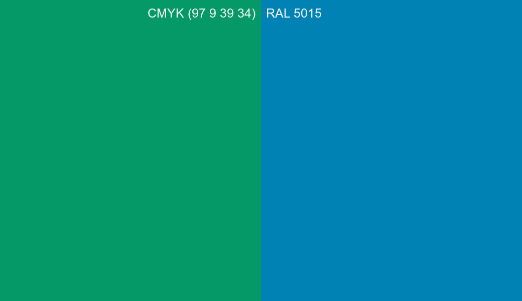 CMYK Color CMYK (97 9 39 34) vs RAL 5015 side by side comparison CMYK Color CMYK (97 9 39 34) vs RAL 5015 side by side comparison
