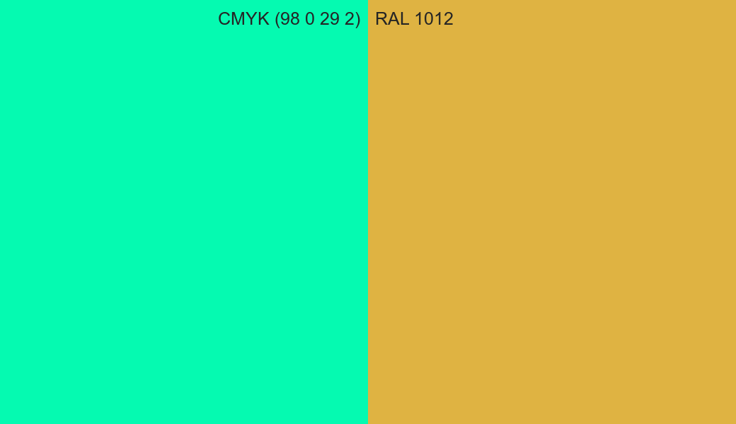CMYK Color CMYK (98 0 29 2) vs RAL 1012 side by side comparison CMYK Color CMYK (98 0 29 2) vs RAL 1012 side by side comparison