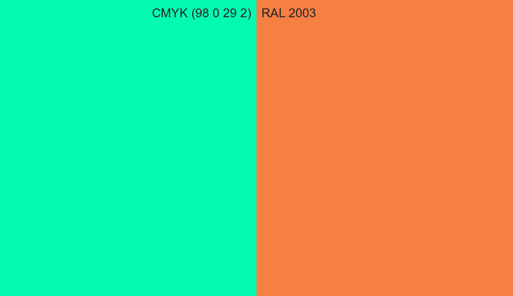 CMYK Color CMYK (98 0 29 2) vs RAL 2003 side by side comparison CMYK Color CMYK (98 0 29 2) vs RAL 2003 side by side comparison
