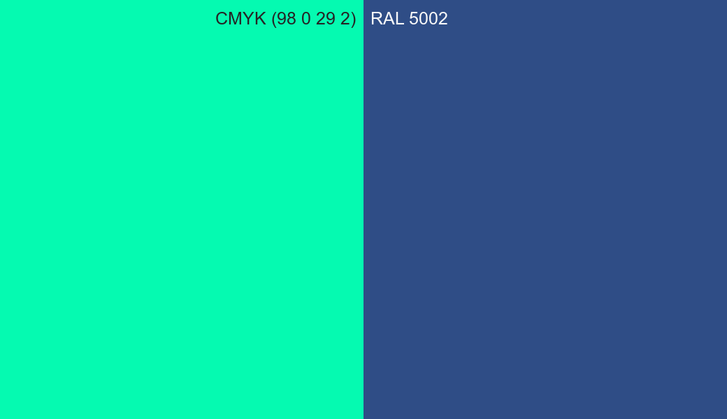 CMYK Color CMYK (98 0 29 2) vs RAL 5002 side by side comparison CMYK Color CMYK (98 0 29 2) vs RAL 5002 side by side comparison