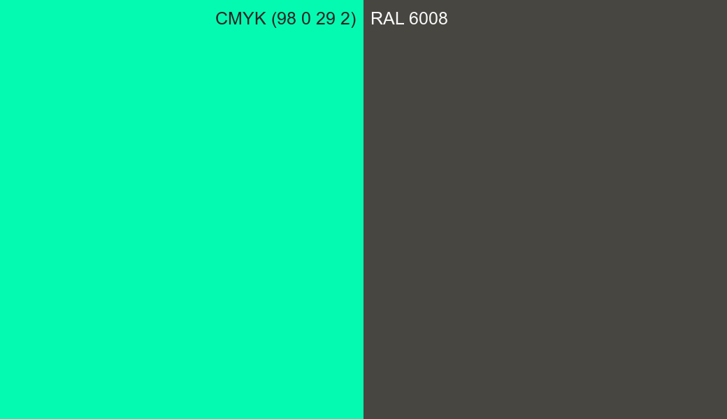 CMYK Color CMYK (98 0 29 2) vs RAL 6008 side by side comparison CMYK Color CMYK (98 0 29 2) vs RAL 6008 side by side comparison