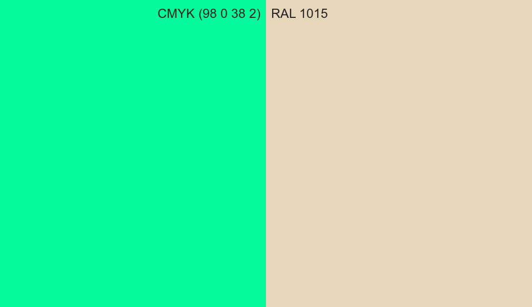 CMYK Color CMYK (98 0 38 2) vs RAL 1015 side by side comparison CMYK Color CMYK (98 0 38 2) vs RAL 1015 side by side comparison