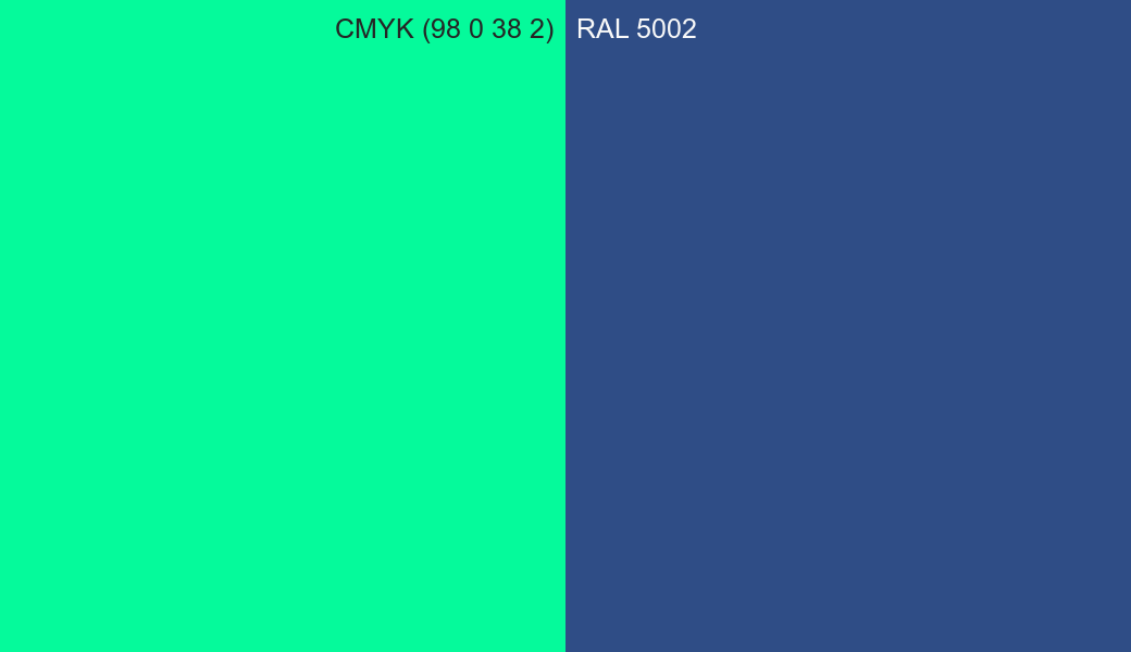 CMYK Color CMYK (98 0 38 2) vs RAL 5002 side by side comparison CMYK Color CMYK (98 0 38 2) vs RAL 5002 side by side comparison