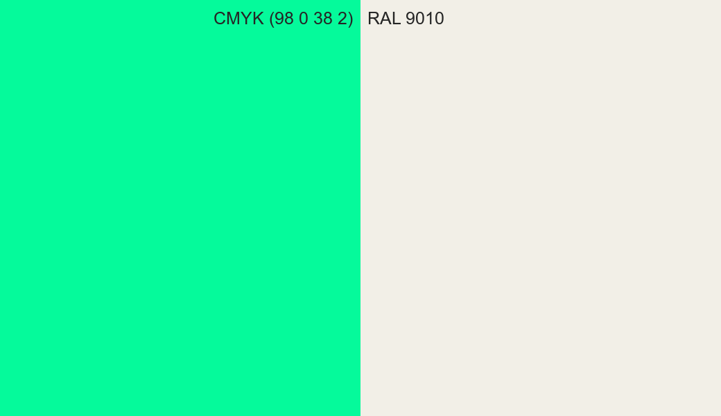 CMYK Color CMYK (98 0 38 2) vs RAL 9010 side by side comparison CMYK Color CMYK (98 0 38 2) vs RAL 9010 side by side comparison
