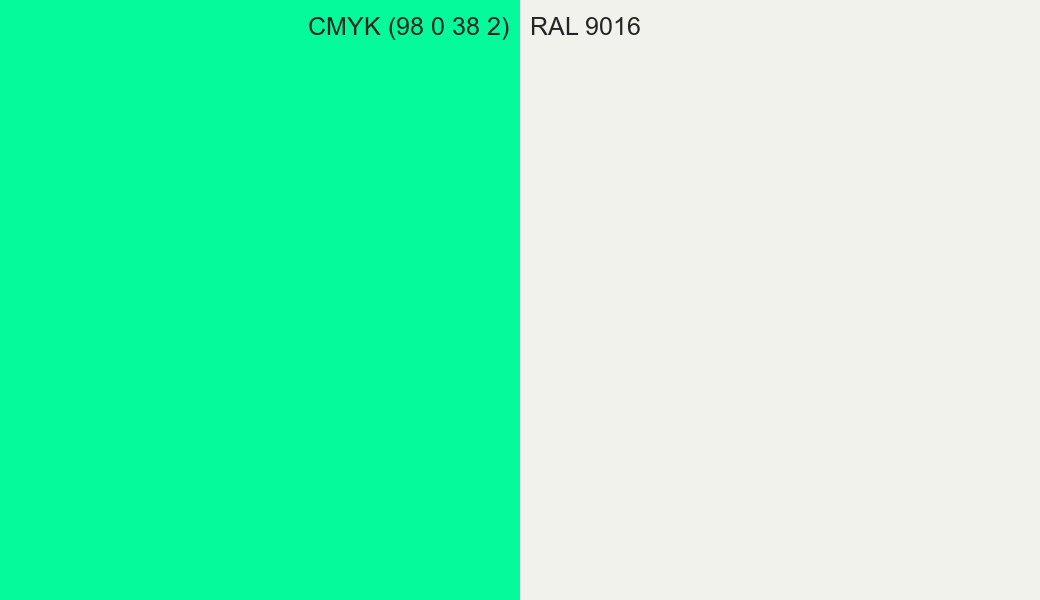 CMYK Color CMYK (98 0 38 2) vs RAL 9016 side by side comparison CMYK Color CMYK (98 0 38 2) vs RAL 9016 side by side comparison
