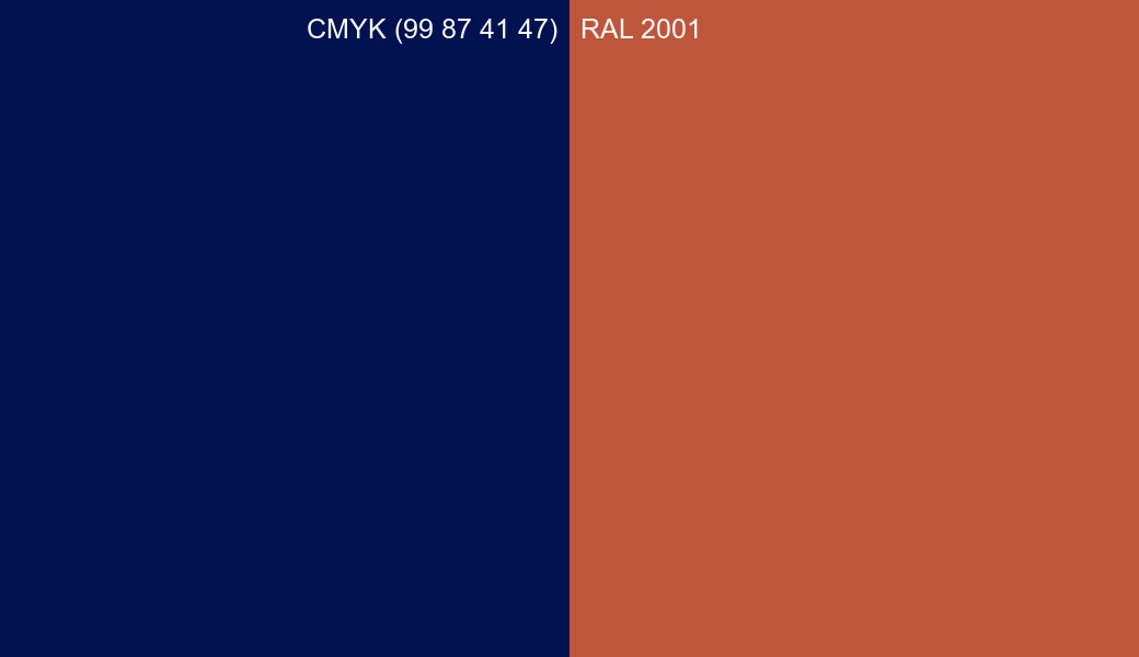 CMYK Color CMYK (99 87 41 47) vs RAL 2001 side by side comparison CMYK Color CMYK (99 87 41 47) vs RAL 2001 side by side comparison