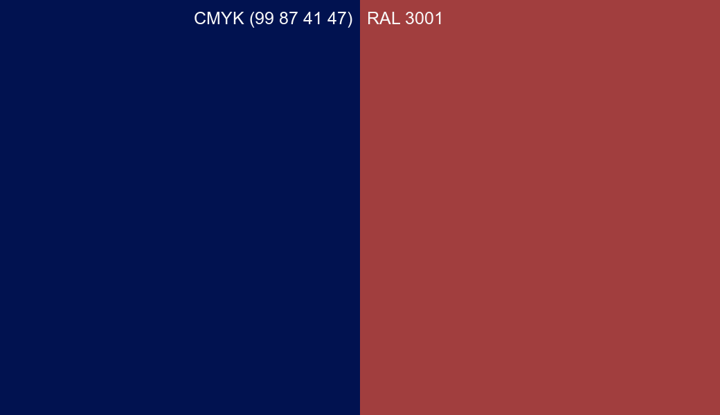 CMYK Color CMYK (99 87 41 47) vs RAL 3001 side by side comparison CMYK Color CMYK (99 87 41 47) vs RAL 3001 side by side comparison
