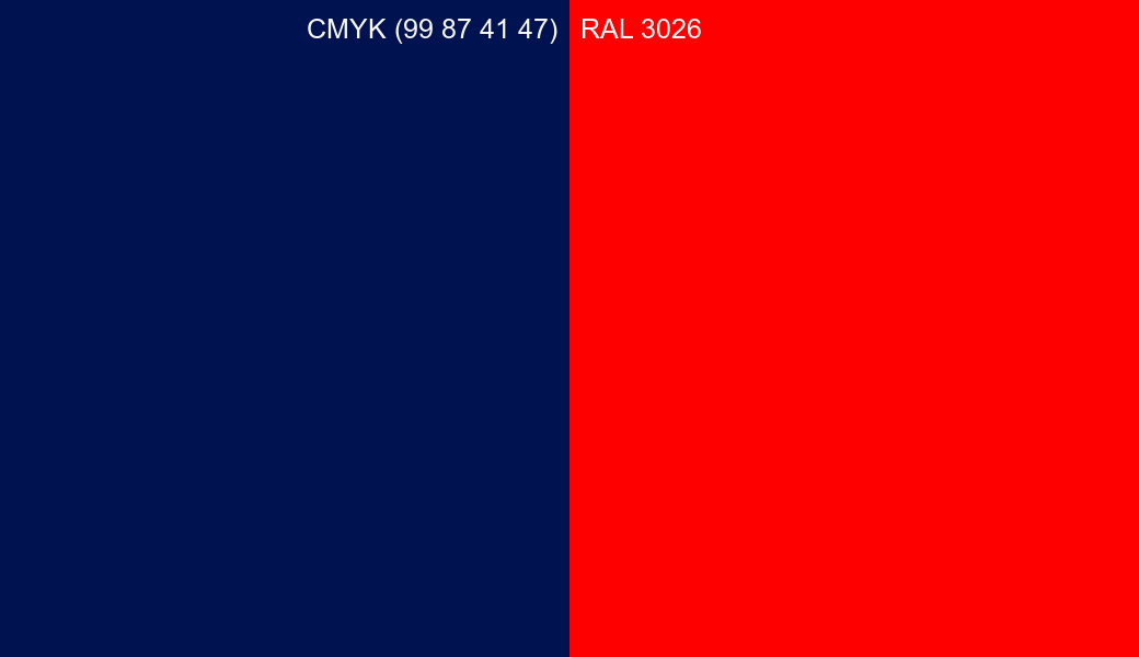CMYK Color CMYK (99 87 41 47) vs RAL 3026 side by side comparison CMYK Color CMYK (99 87 41 47) vs RAL 3026 side by side comparison