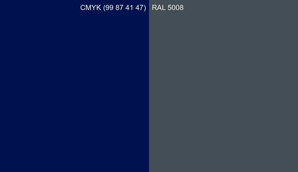 CMYK Color CMYK (99 87 41 47) vs RAL 5008 side by side comparison CMYK Color CMYK (99 87 41 47) vs RAL 5008 side by side comparison
