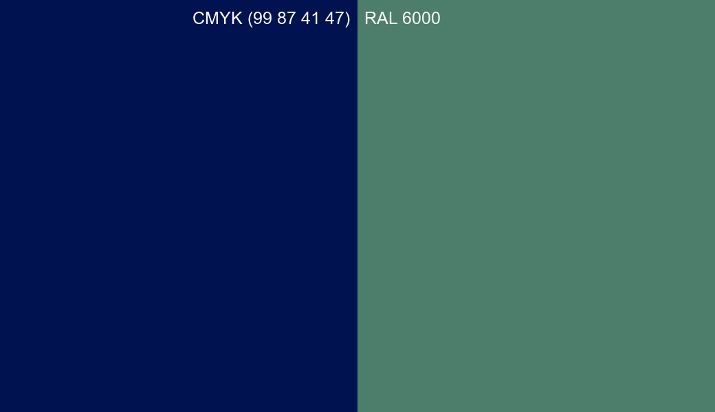 CMYK Color CMYK (99 87 41 47) vs RAL 6000 side by side comparison CMYK Color CMYK (99 87 41 47) vs RAL 6000 side by side comparison