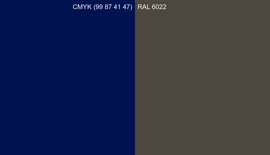 CMYK Color CMYK (99 87 41 47) vs RAL 6022 side by side comparison CMYK Color CMYK (99 87 41 47) vs RAL 6022 side by side comparison