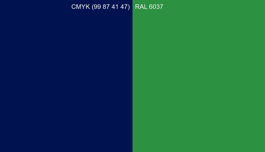 CMYK Color CMYK (99 87 41 47) vs RAL 6037 side by side comparison CMYK Color CMYK (99 87 41 47) vs RAL 6037 side by side comparison