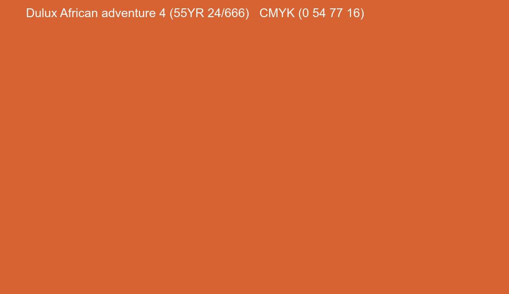 Color Dulux African adventure 4 (55YR 24/666) to CMYK (0 54 77 16) converter Color Dulux African adventure 4 (55YR 24/666) to CMYK (0 54 77 16) converter