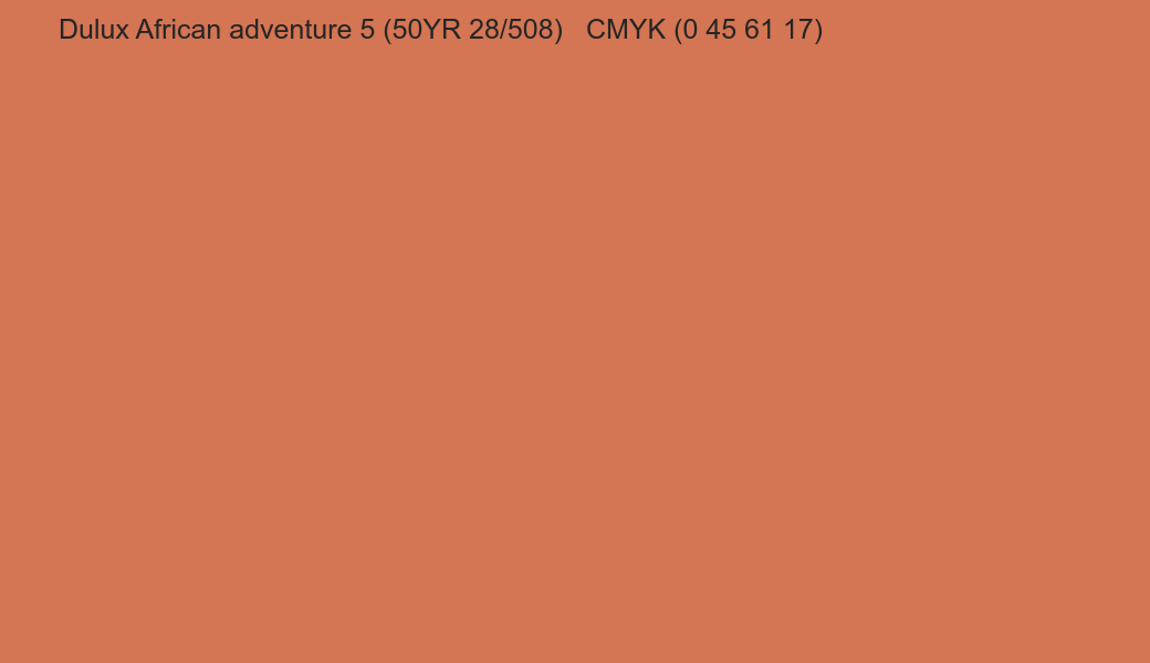 Color Dulux African adventure 5 (50YR 28/508) to CMYK (0 45 61 17) converter Color Dulux African adventure 5 (50YR 28/508) to CMYK (0 45 61 17) converter