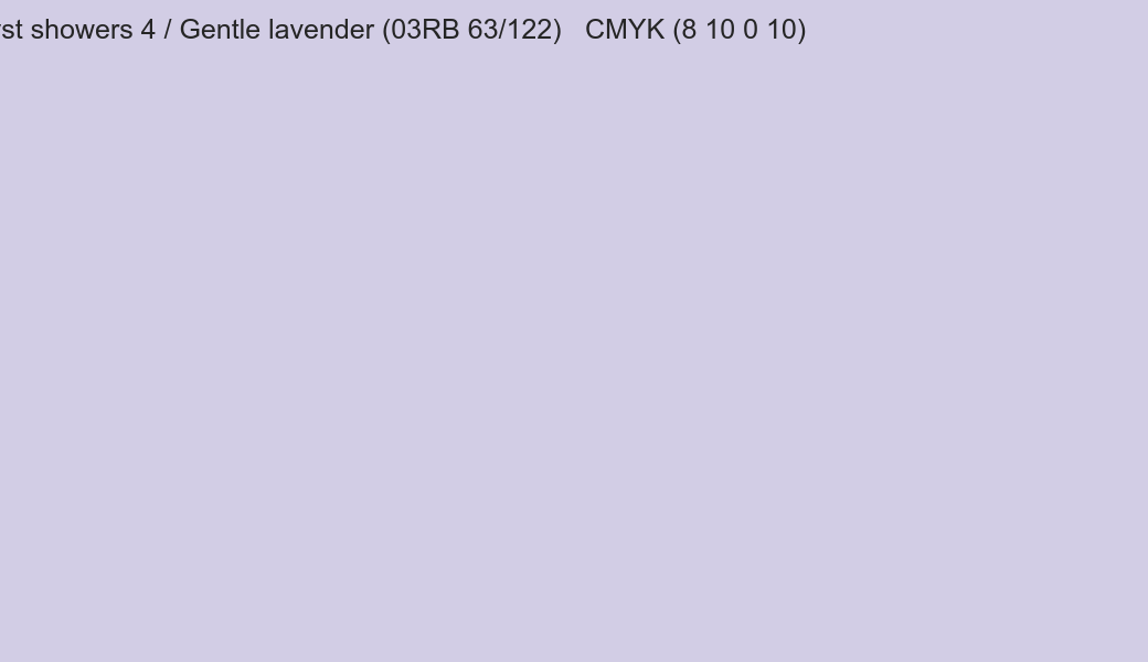 Color Dulux Amethyst showers 4 / Gentle lavender (03RB 63/122) to CMYK (8 10 0 10) converter Color Dulux Amethyst showers 4 / Gentle lavender (03RB 63/122) to CMYK (8 10 0 10) converter