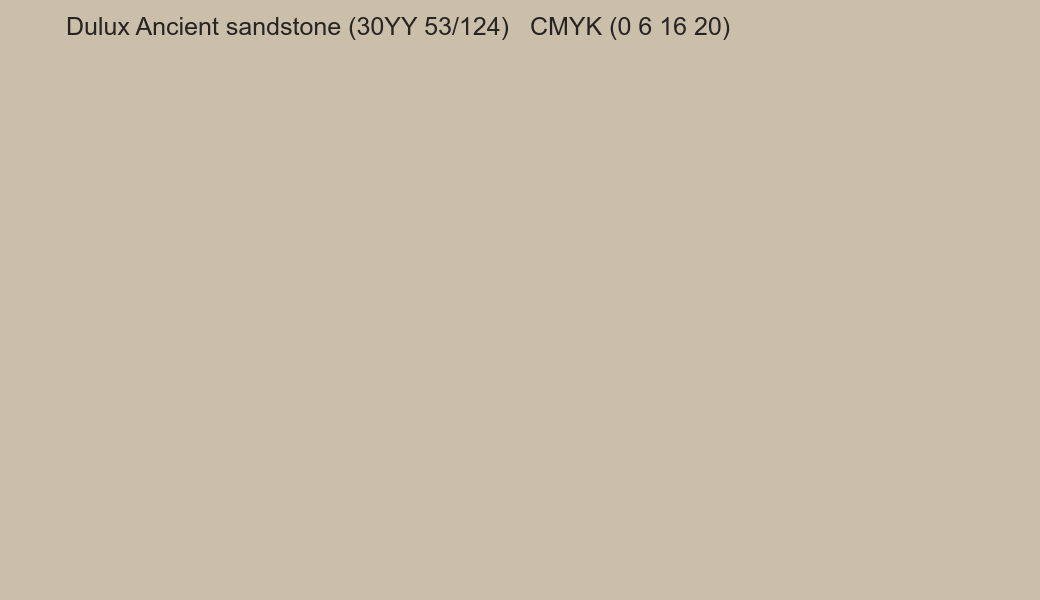 Color Dulux Ancient sandstone (30YY 53/124) to CMYK (0 6 16 20) converter Color Dulux Ancient sandstone (30YY 53/124) to CMYK (0 6 16 20) converter