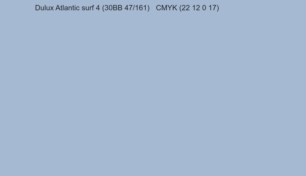 Color Dulux Atlantic surf 4 (30BB 47/161) to CMYK (22 12 0 17) converter Color Dulux Atlantic surf 4 (30BB 47/161) to CMYK (22 12 0 17) converter