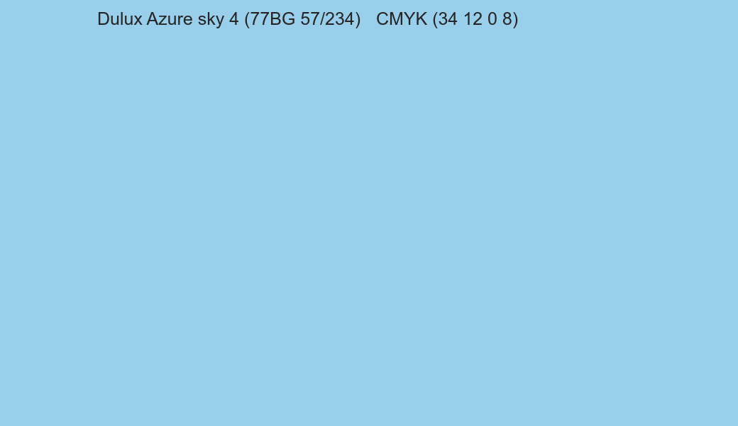 Color Dulux Azure sky 4 (77BG 57/234) to CMYK (34 12 0 8) converter Color Dulux Azure sky 4 (77BG 57/234) to CMYK (34 12 0 8) converter