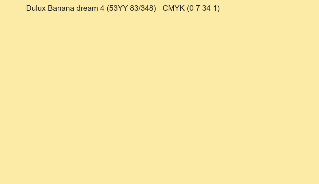 Color Dulux Banana dream 4 (53YY 83/348) to CMYK (0 7 34 1) converter Color Dulux Banana dream 4 (53YY 83/348) to CMYK (0 7 34 1) converter