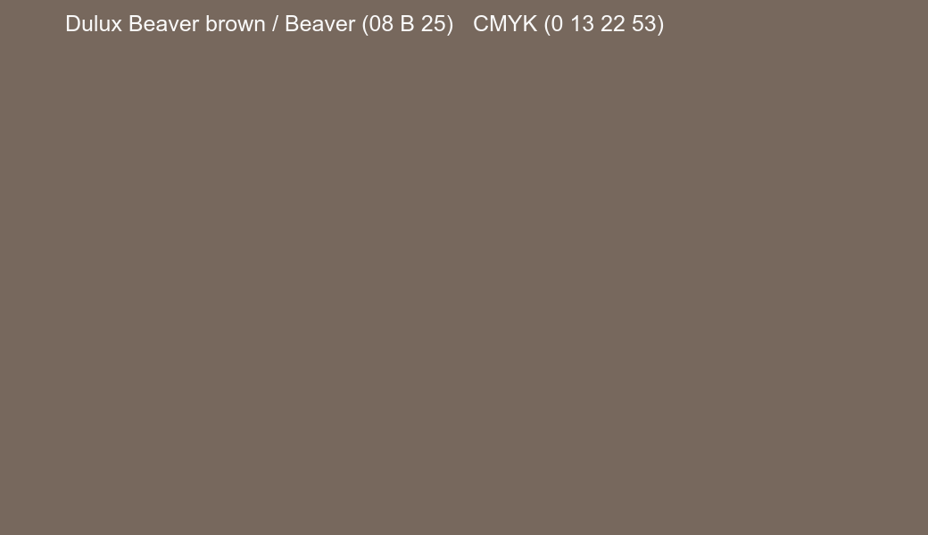 Color Dulux Beaver brown / Beaver (08 B 25) to CMYK (0 13 22 53) converter Color Dulux Beaver brown / Beaver (08 B 25) to CMYK (0 13 22 53) converter