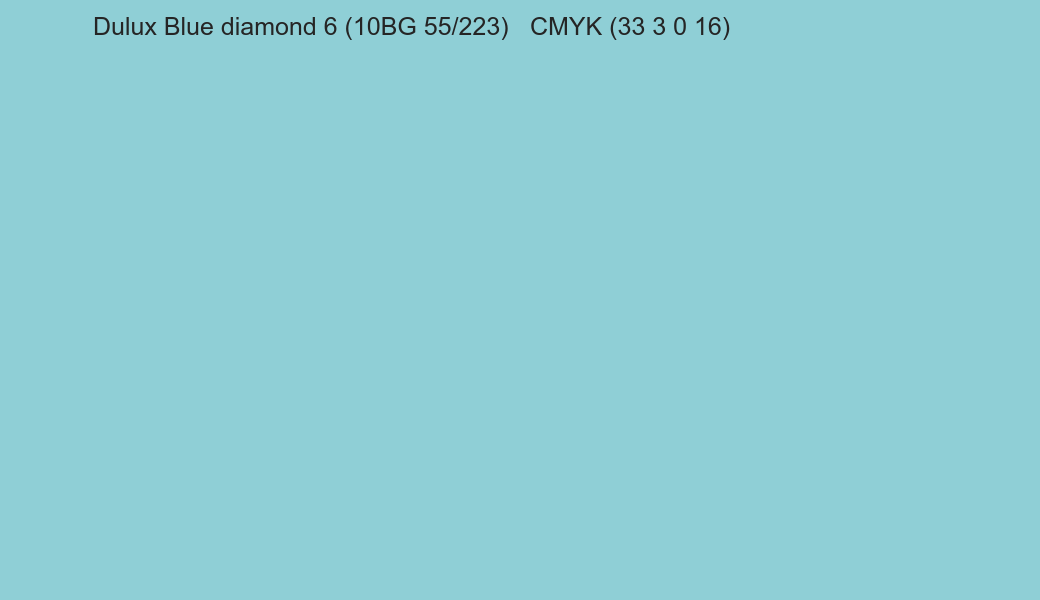 Color Dulux Blue diamond 6 (10BG 55/223) to CMYK (33 3 0 16) converter Color Dulux Blue diamond 6 (10BG 55/223) to CMYK (33 3 0 16) converter