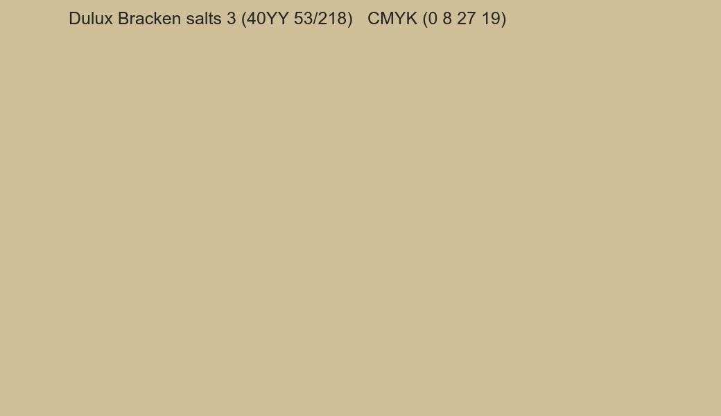Color Dulux Bracken salts 3 (40YY 53/218) to CMYK (0 8 27 19) converter Color Dulux Bracken salts 3 (40YY 53/218) to CMYK (0 8 27 19) converter