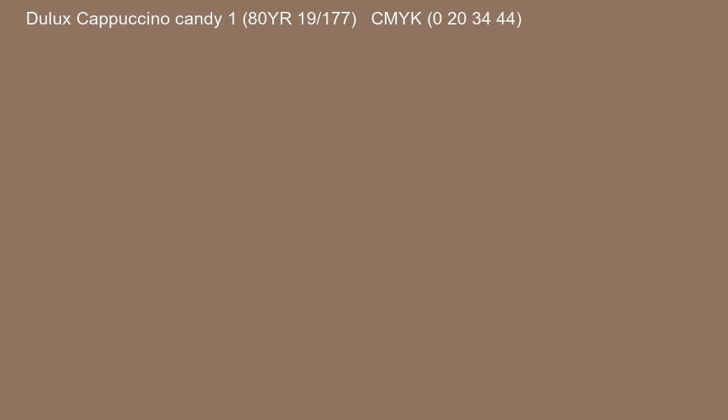 Color Dulux Cappuccino candy 1 (80YR 19/177) to CMYK (0 20 34 44) converter Color Dulux Cappuccino candy 1 (80YR 19/177) to CMYK (0 20 34 44) converter