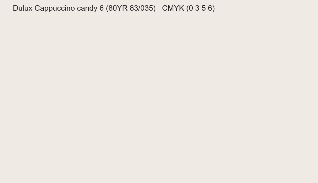 Color Dulux Cappuccino candy 6 (80YR 83/035) to CMYK (0 3 5 6) converter Color Dulux Cappuccino candy 6 (80YR 83/035) to CMYK (0 3 5 6) converter