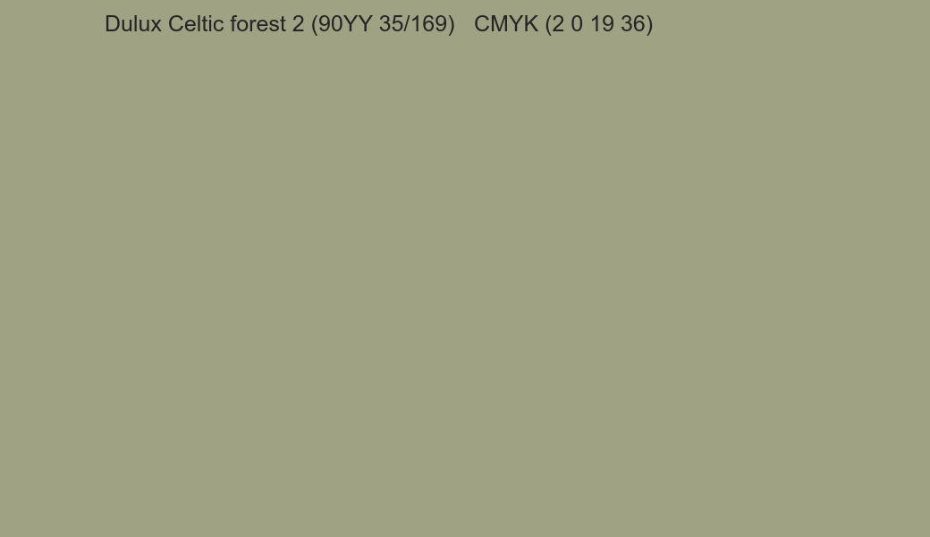 Color Dulux Celtic forest 2 (90YY 35/169) to CMYK (2 0 19 36) converter Color Dulux Celtic forest 2 (90YY 35/169) to CMYK (2 0 19 36) converter