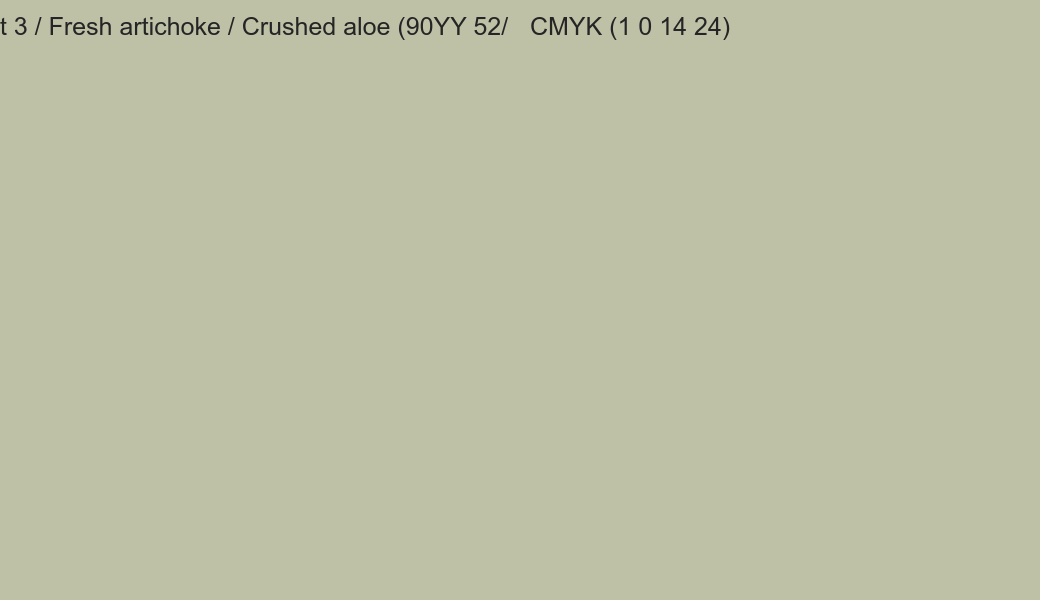 Color Dulux Celtic forest 3 / Fresh artichoke / Crushed aloe (90YY 52/138) to CMYK (1 0 14 24) converter Color Dulux Celtic forest 3 / Fresh artichoke / Crushed aloe (90YY 52/138) to CMYK (1 0 14 24) converter