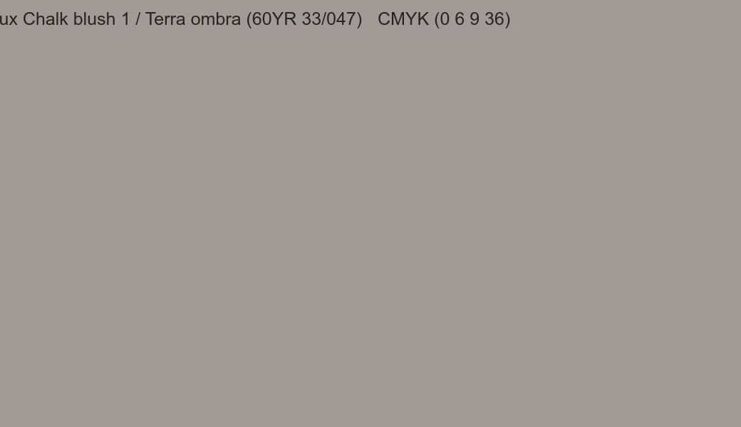 Color Dulux Chalk blush 1 / Terra ombra (60YR 33/047) to CMYK (0 6 9 36) converter Color Dulux Chalk blush 1 / Terra ombra (60YR 33/047) to CMYK (0 6 9 36) converter