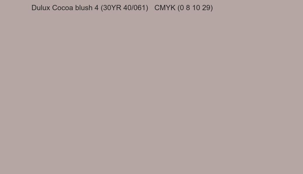 Color Dulux Cocoa blush 4 (30YR 40/061) to CMYK (0 8 10 29) converter Color Dulux Cocoa blush 4 (30YR 40/061) to CMYK (0 8 10 29) converter