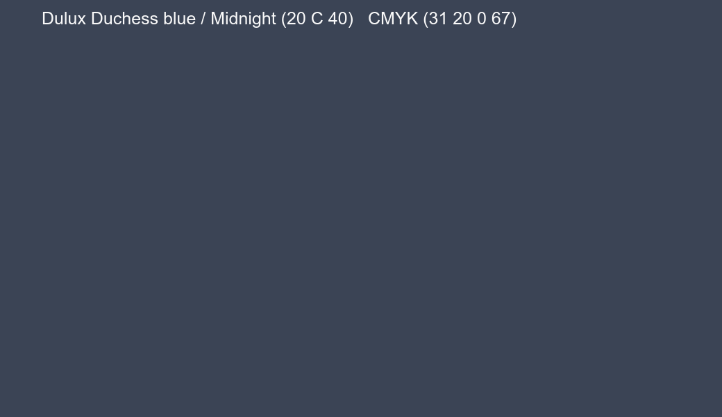 Color Dulux Duchess blue / Midnight (20 C 40) to CMYK (31 20 0 67) converter Color Dulux Duchess blue / Midnight (20 C 40) to CMYK (31 20 0 67) converter