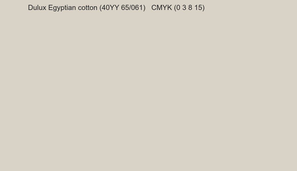 Color Dulux Egyptian cotton (40YY 65/061) to CMYK (0 3 8 15) converter Color Dulux Egyptian cotton (40YY 65/061) to CMYK (0 3 8 15) converter