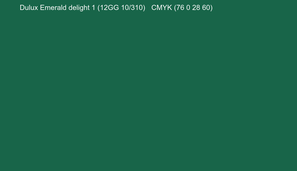 Color Dulux Emerald delight 1 (12GG 10/310) to CMYK (76 0 28 60) converter Color Dulux Emerald delight 1 (12GG 10/310) to CMYK (76 0 28 60) converter