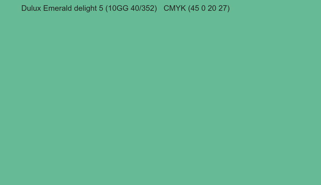Color Dulux Emerald delight 5 (10GG 40/352) to CMYK (45 0 20 27) converter Color Dulux Emerald delight 5 (10GG 40/352) to CMYK (45 0 20 27) converter