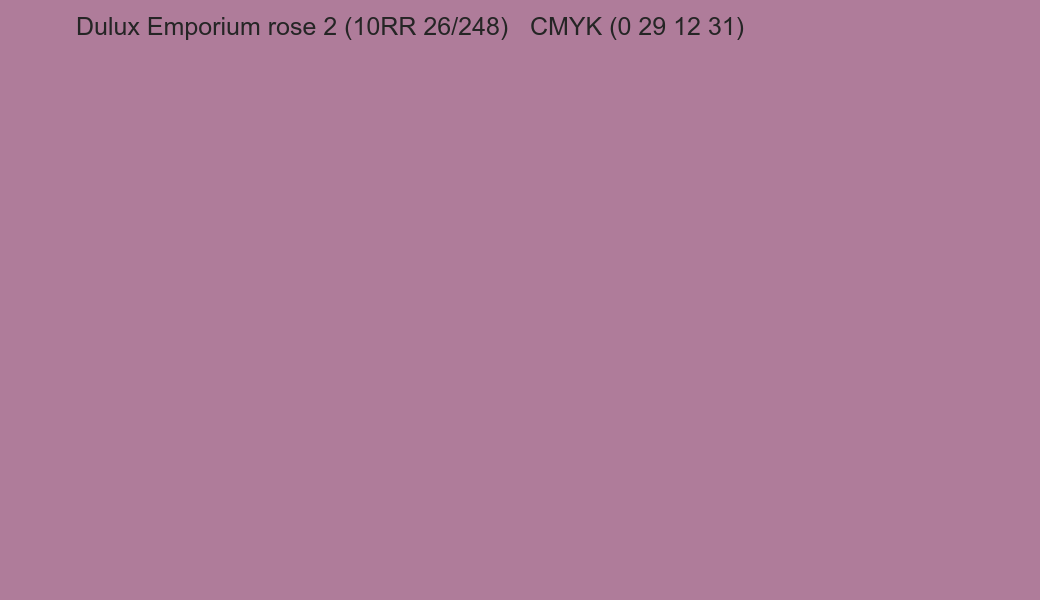Color Dulux Emporium rose 2 (10RR 26/248) to CMYK (0 29 12 31) converter Color Dulux Emporium rose 2 (10RR 26/248) to CMYK (0 29 12 31) converter