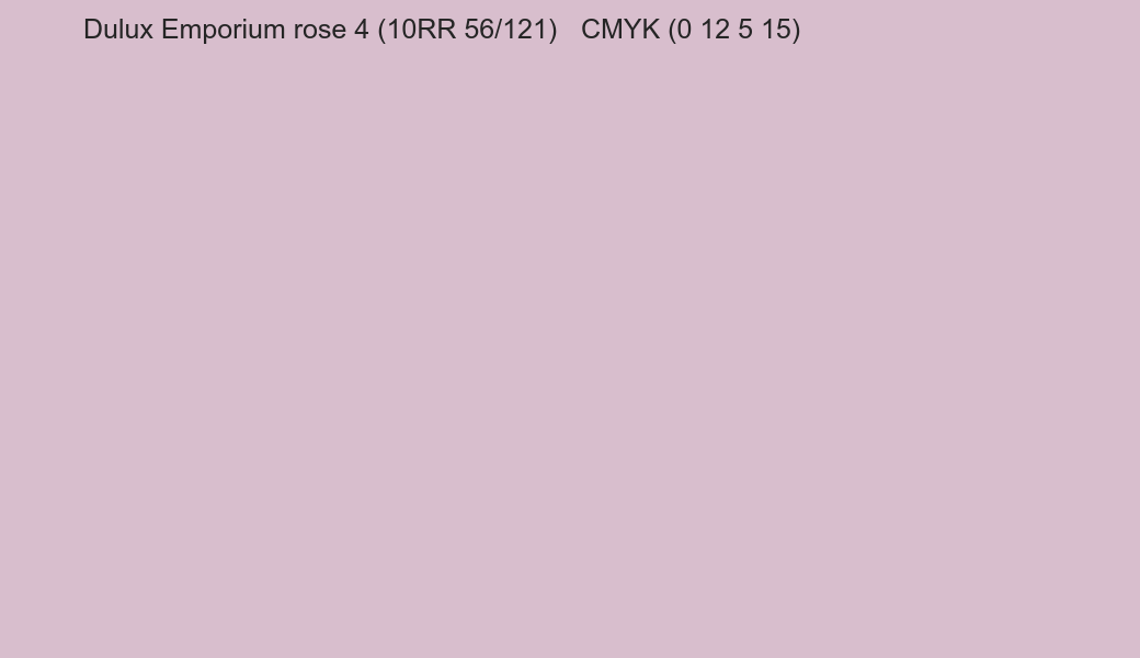 Color Dulux Emporium rose 4 (10RR 56/121) to CMYK (0 12 5 15) converter Color Dulux Emporium rose 4 (10RR 56/121) to CMYK (0 12 5 15) converter