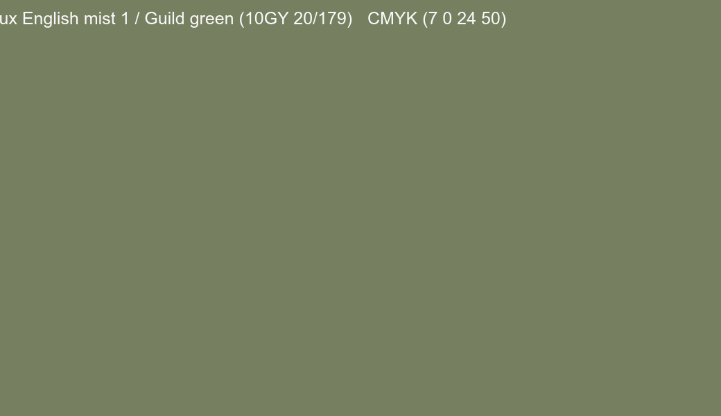 Color Dulux English mist 1 / Guild green (10GY 20/179) to CMYK (7 0 24 50) converter Color Dulux English mist 1 / Guild green (10GY 20/179) to CMYK (7 0 24 50) converter