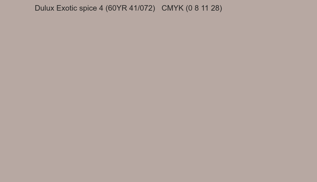 Color Dulux Exotic spice 4 (60YR 41/072) to CMYK (0 8 11 28) converter Color Dulux Exotic spice 4 (60YR 41/072) to CMYK (0 8 11 28) converter