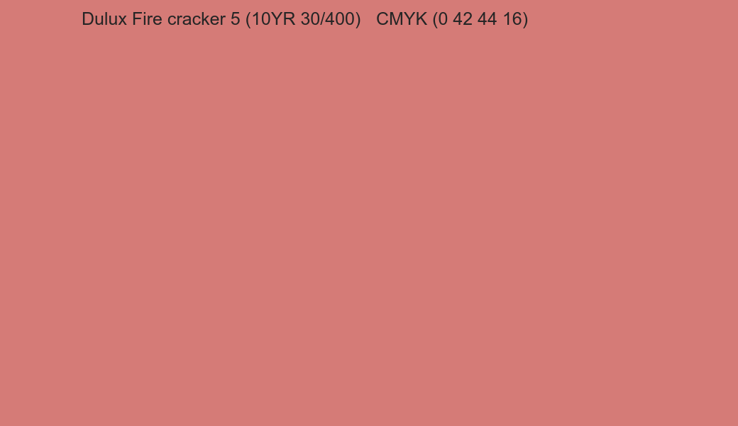 Color Dulux Fire cracker 5 (10YR 30/400) to CMYK (0 42 44 16) converter Color Dulux Fire cracker 5 (10YR 30/400) to CMYK (0 42 44 16) converter