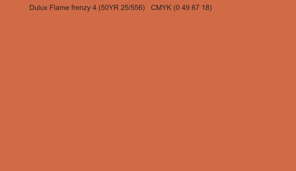 Color Dulux Flame frenzy 4 (50YR 25/556) to CMYK (0 49 67 18) converter Color Dulux Flame frenzy 4 (50YR 25/556) to CMYK (0 49 67 18) converter