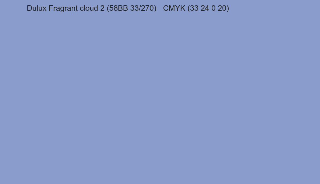 Color Dulux Fragrant cloud 2 (58BB 33/270) to CMYK (33 24 0 20) converter Color Dulux Fragrant cloud 2 (58BB 33/270) to CMYK (33 24 0 20) converter