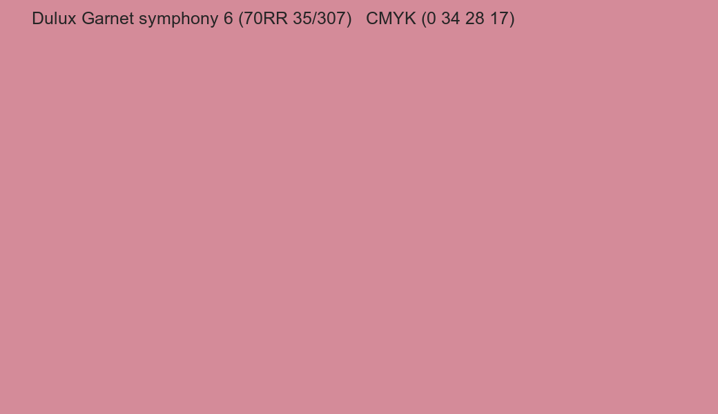 Color Dulux Garnet symphony 6 (70RR 35/307) to CMYK (0 34 28 17) converter Color Dulux Garnet symphony 6 (70RR 35/307) to CMYK (0 34 28 17) converter