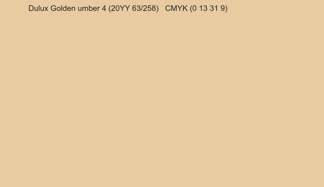 Color Dulux Golden umber 4 (20YY 63/258) to CMYK (0 13 31 9) converter Color Dulux Golden umber 4 (20YY 63/258) to CMYK (0 13 31 9) converter